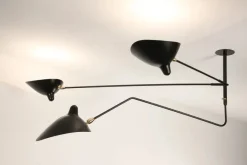 Editions Serge Mouille Ceiling Lamp w/2 Fixed Arms & 1 Curved Rotating Arm af Serge Mouille